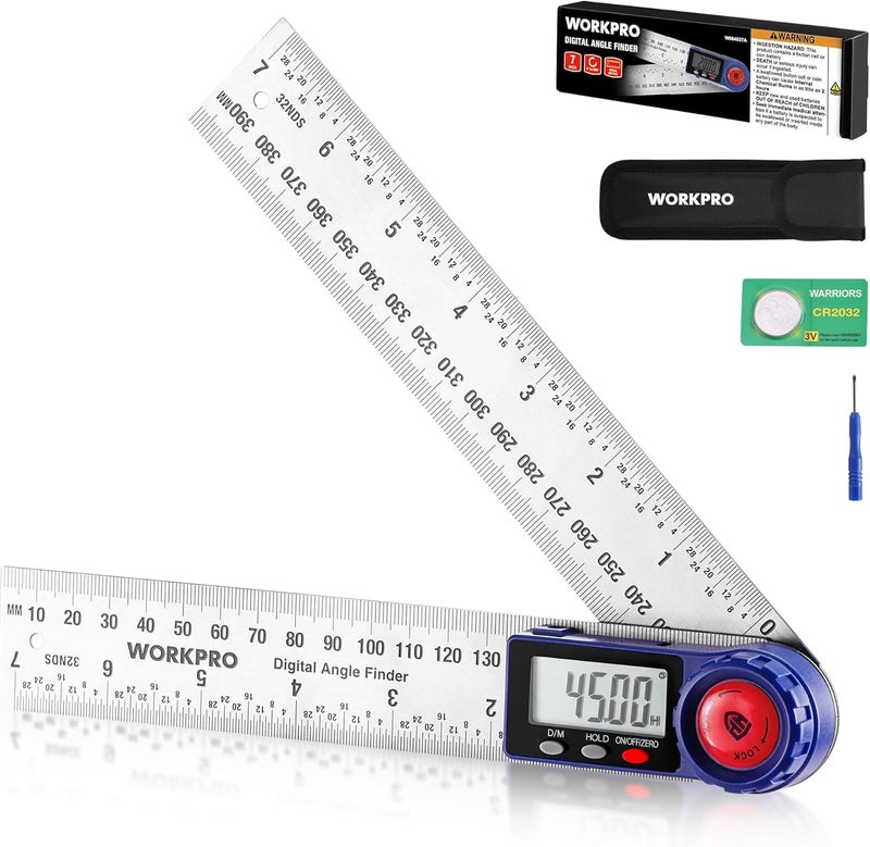 WORKPRO مقياس الزوايا الرقمي، أداة قياس الزوايا من الفولاذ المقاوم للصدأ بطول 7 بوصات / 200 مم مع وظيفة القفل والثبات، أداة قياس دقيقة مع حقيبة للأعمال الخشبية، النجارة، ومشاريع البناء - Image 1